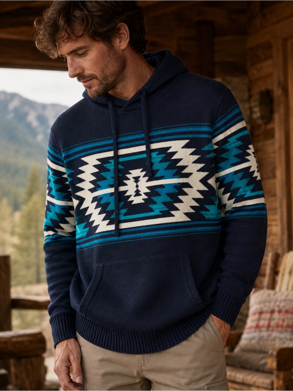 American Eagle Navajo Southwestern Hooded Knit Sweater Navy Blue Cotton Medium - Picture 5 of 5